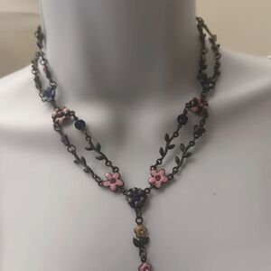 Michael Negrin Enamel Y Drop Necklace Floral Pastel Colors Dark Brass